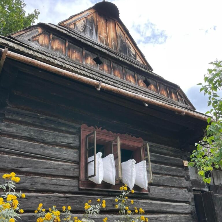 A traditional wooden house in the Orava Region, Slovakia, with a rustic, weathered exterior. Bright white pillows are propped in the open window, contrasting with the dark wood. Below the window, vibrant yellow flowers add a touch of color to the scene, reflecting the simple and charming rural life in the region.