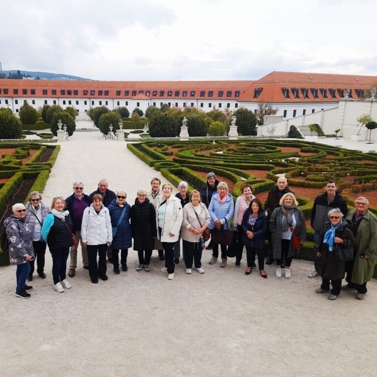 Group of Irish pensioners visitng Bratislava Castle baroque gardens during their Bratislava Musical festival tour