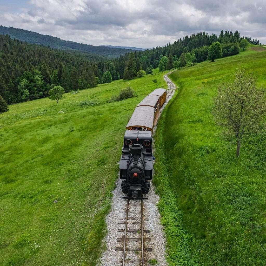 Orava Forrest Railway with locomotive on steam power riding thru beautiful landscape of Orava forrest