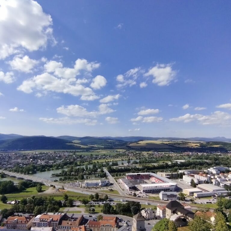 Trencin city panorama with footbal stadium Na Sihoti from Matthew tower as part of day trip to Trencin